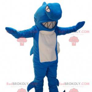 Bardzo agresywna maskotka rekina w kolorze niebieskim i białym.