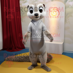 Silver Meerkat mascot costume character dressed with a Yoga Pants and Bow ties