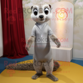 Silver Meerkat mascot costume character dressed with a Yoga Pants and Bow ties