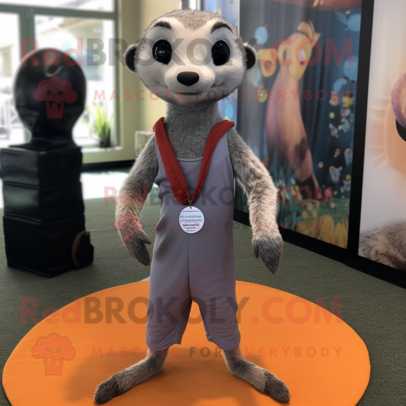 Silver Meerkat mascot costume character dressed with a Yoga Pants and Bow ties Silver Meerkat mascot costume character dressed with a Yoga Pants and Bow ties