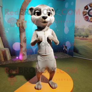 Silver Meerkat mascot costume character dressed with a Yoga Pants and Bow ties