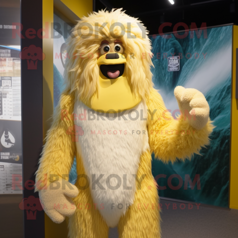 Gold Yeti mascot costume character dressed with a One-Piece Swimsuit and Scarf clips