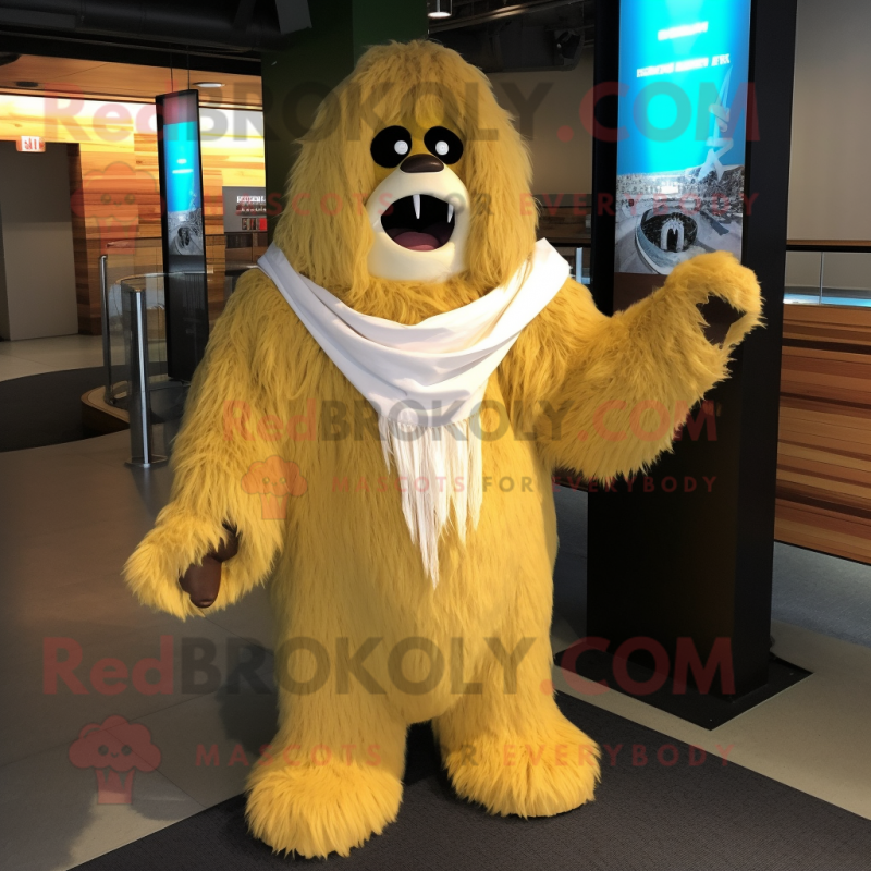 Gold Yeti mascot costume character dressed with a One-Piece Swimsuit and Scarf clips Gold Yeti mascot costume character dressed with a One-Piece Swimsuit and Scarf clips