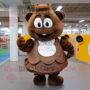 Brown Goulash mascot costume character dressed with a Circle Skirt and Backpacks