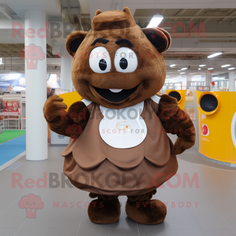 Brown Goulash mascot costume character dressed with a Circle Skirt and Backpacks Brown Goulash mascot costume character dressed with a Circle Skirt and Backpacks