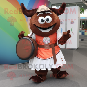 Brown Goulash mascot costume character dressed with a Circle Skirt and Backpacks