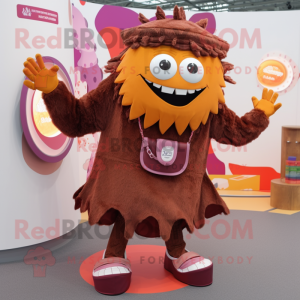 Brown Goulash mascot costume character dressed with a Circle Skirt and Backpacks