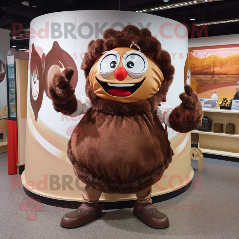 Brown Goulash mascot costume character dressed with a Circle Skirt and Backpacks