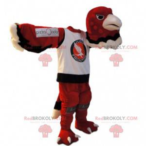 Mascotte aquila rossa in una maglia sportiva. Costume da aquila