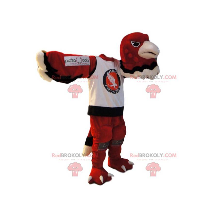 Mascot águila roja en una camiseta deportiva. Disfraz de águila