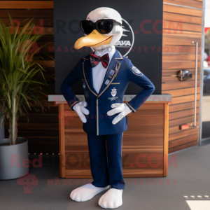 Navy Swans mascot costume character dressed with a Suit Jacket and Sunglasses