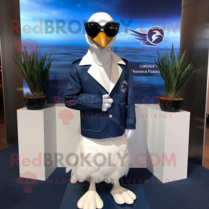 Navy Swans mascot costume character dressed with a Suit Jacket and Sunglasses