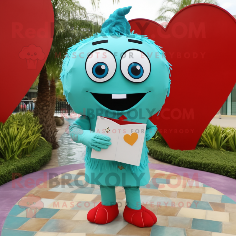 Turquoise Love Letter mascot costume character dressed with a Button-Up Shirt and Belts Turquoise Love Letter mascot costume character dressed with a Button-Up Shirt and Belts