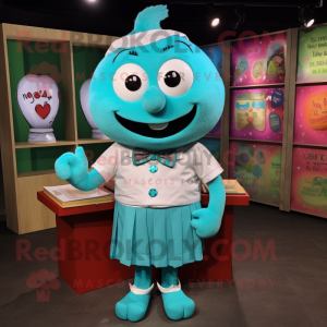 Turquoise Love Letter mascot costume character dressed with a Button-Up Shirt and Belts