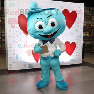 Turquoise Love Letter mascot costume character dressed with a Button-Up Shirt and Belts