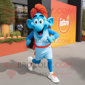 Sky Blue Tikka Masala mascot costume character dressed with a Running Shorts and Belts