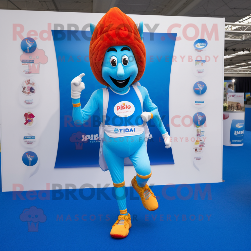 Sky Blue Tikka Masala mascot costume character dressed with a Running Shorts and Belts