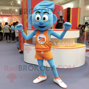 Sky Blue Tikka Masala mascot costume character dressed with a Running Shorts and Belts