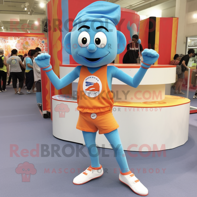 Sky Blue Tikka Masala mascot costume character dressed with a Running Shorts and Belts Sky Blue Tikka Masala mascot costume character dressed with a Running Shorts and Belts
