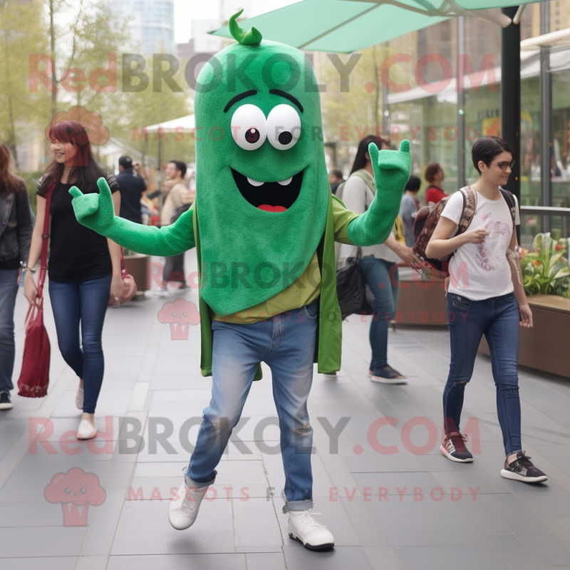 Forest Green Shakshuka mascot costume character dressed with a Boyfriend Jeans and Necklaces Forest Green Shakshuka mascot costume character dressed with a Boyfriend Jeans and Necklaces