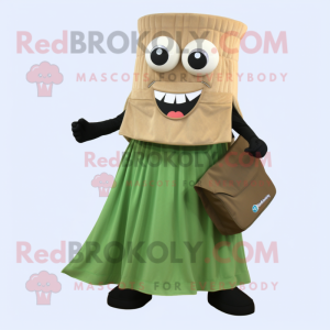 Tan Zucchini mascot costume character dressed with a Pleated Skirt and Messenger bags