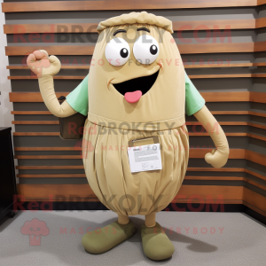 Tan Zucchini mascot costume character dressed with a Pleated Skirt and Messenger bags