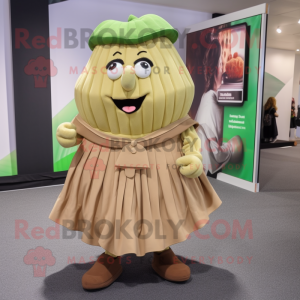Tan Zucchini mascot costume character dressed with a Pleated Skirt and Messenger bags
