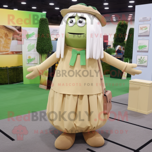 Tan Zucchini mascot costume character dressed with a Pleated Skirt and Messenger bags