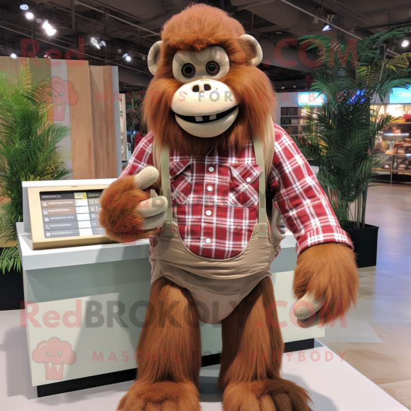 Beige Orangutan mascot costume character dressed with a Flannel Shirt and Wallets Beige Orangutan mascot costume character dressed with a Flannel Shirt and Wallets