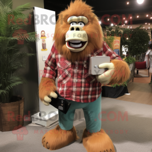 Beige Orangutan mascot costume character dressed with a Flannel Shirt and Wallets