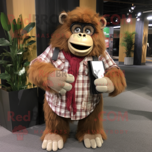 Beige Orangutan mascot costume character dressed with a Flannel Shirt and Wallets