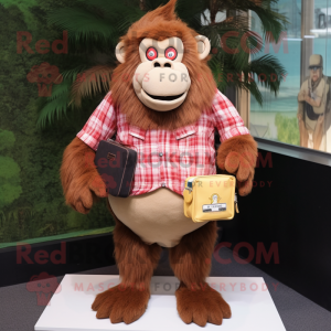 Beige Orangutan mascot costume character dressed with a Flannel Shirt and Wallets