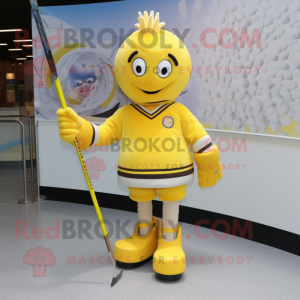 Yellow Ice Hockey Stick mascot costume character dressed with a Circle Skirt and Hairpins