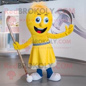 Yellow Ice Hockey Stick mascot costume character dressed with a Circle Skirt and Hairpins