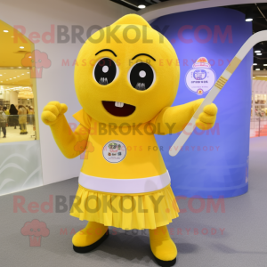 Yellow Ice Hockey Stick mascot costume character dressed with a Circle Skirt and Hairpins