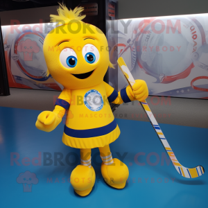 Yellow Ice Hockey Stick mascot costume character dressed with a Circle Skirt and Hairpins