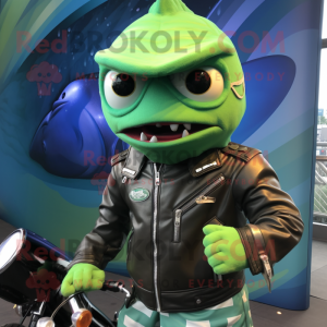 Green Tuna mascot costume character dressed with a Biker Jacket and Caps