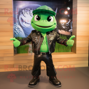Green Tuna mascot costume character dressed with a Biker Jacket and Caps