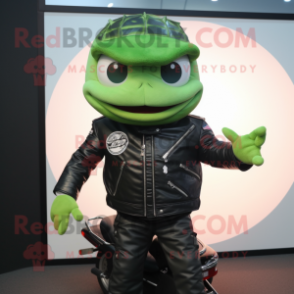 Green Tuna mascot costume character dressed with a Biker Jacket and Caps