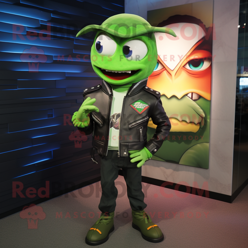 Green Tuna mascot costume character dressed with a Biker Jacket and Caps