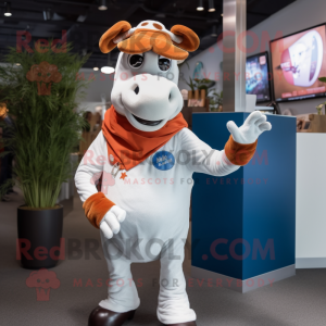 Rust Holstein Cow mascot costume character dressed with a Flare Jeans and Mittens