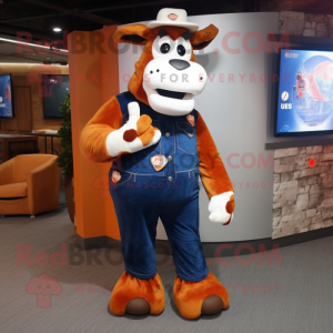 Rust Holstein Cow mascot costume character dressed with a Flare Jeans and Mittens