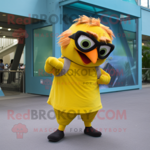 Rust Canary mascot costume character dressed with a Capri Pants and Bracelets