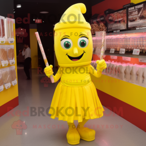 Yellow Candy mascot costume character dressed with a Pencil Skirt and Headbands