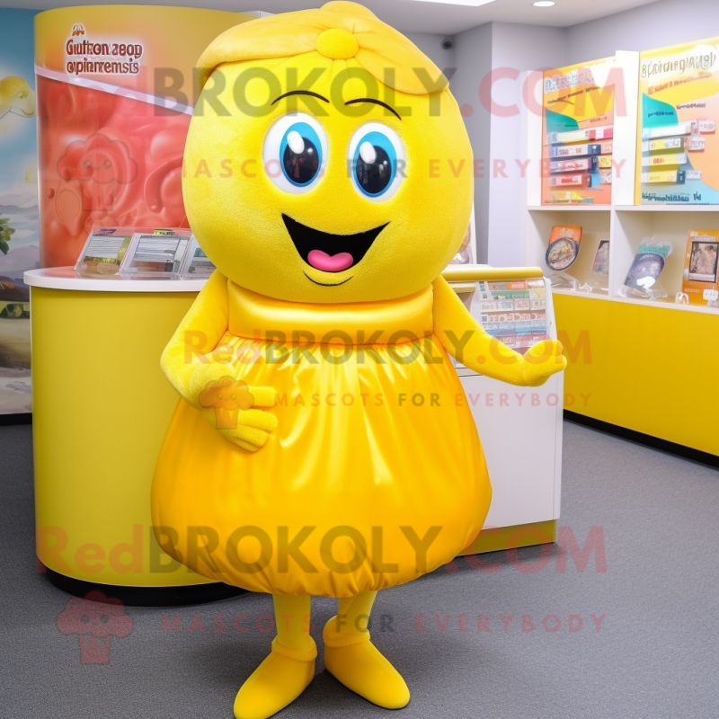 Yellow Candy mascot costume character dressed with a Pencil Skirt and Headbands