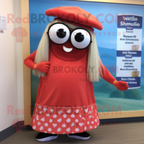 Red Clam Chowder mascot costume character dressed with a Maxi Skirt and Reading glasses