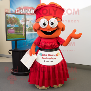 Red Clam Chowder mascot costume character dressed with a Maxi Skirt and Reading glasses