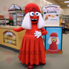 Red Clam Chowder mascot costume character dressed with a Maxi Skirt and Reading glasses