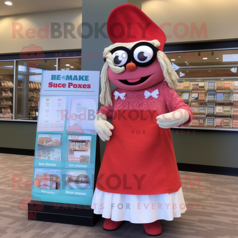 Red Clam Chowder mascot costume character dressed with a Maxi Skirt and Reading glasses Red Clam Chowder mascot costume character dressed with a Maxi Skirt and Reading glasses
