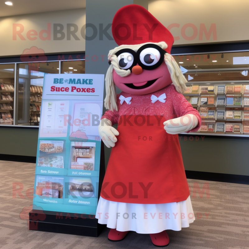 Red Clam Chowder mascot costume character dressed with a Maxi Skirt and Reading glasses